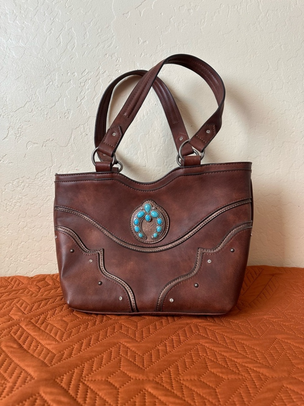 Justin Brand Brown Leather Shoulder Bag with Turquoise accent